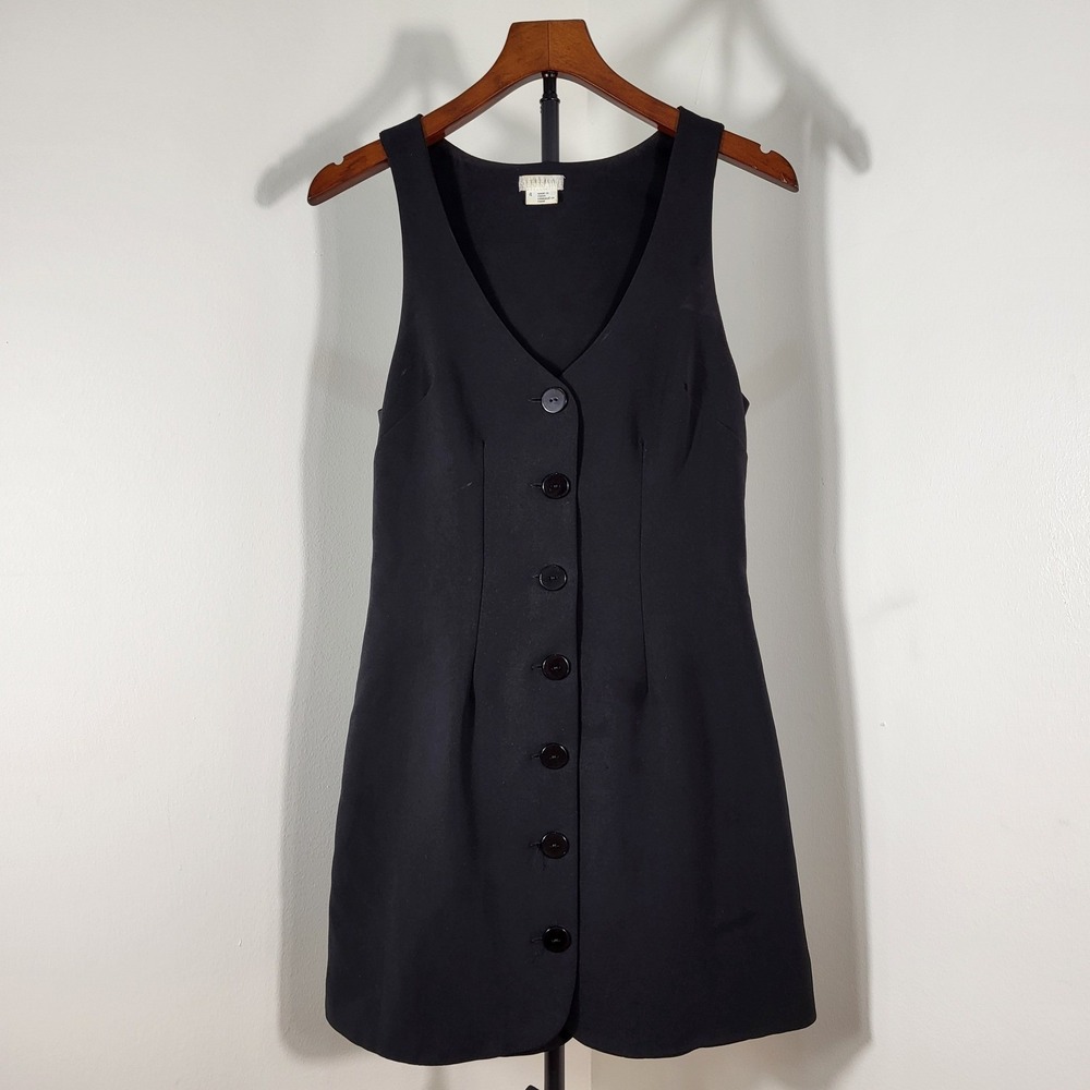 Cooperative Black Button Front Mini Dress Sleeveless V-Neck Cinch Back Size 4